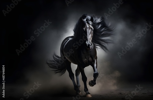 beautiful dark horses galloping across an open space, the concept of freedom, strength, power.