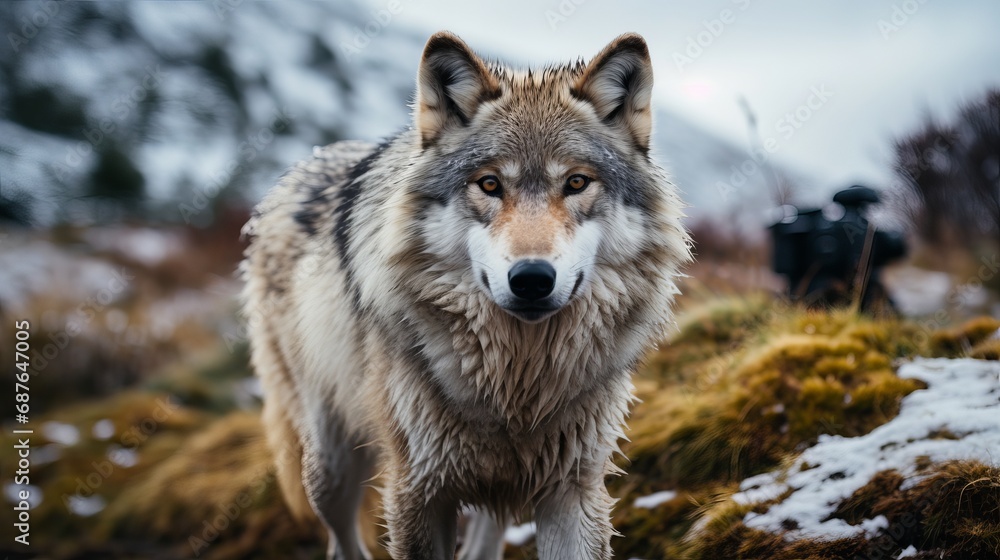Close Up Portrait of Rescued Gray Wolf in Natural Mountain Habitat Close Up Portrait of Rescued Gray Wolf in Natural Mountain Habitat