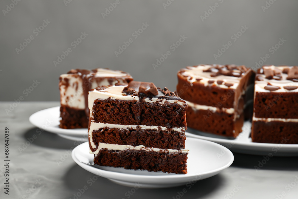 Chocolate cake. Tasty chocolate cake. Plates with pieces of delicious homemade chocolate cake on the table. Chocolate cake with cream. World Chocolate Cake Day. January 27. 2024.