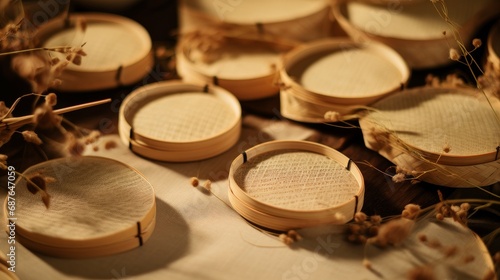 An overhead view capturing handmade bamboo tea filters arranged elegantly on a craft paper background within a well-lit studio setting.