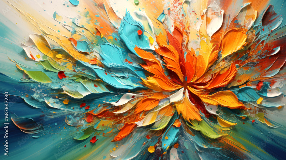 Abstract teal and orange painting of a flower is a vibrant explosion of color and texture. Abstract teal and orange painting of a flower is a vibrant explosion of color and texture.