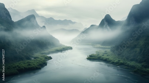 A surreal 3D-rendered illustration depicting a river weaving through mist-covered hills, creating an otherworldly scene of ethereal beauty.
