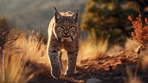Majestic Bobcat Walking in Wild Landscape at Sunset © Aazish 