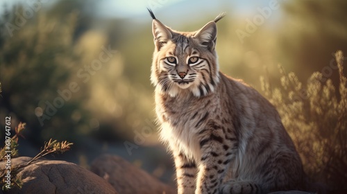 Rescued Bobcat Perched on Rock in Desert at Sunrise