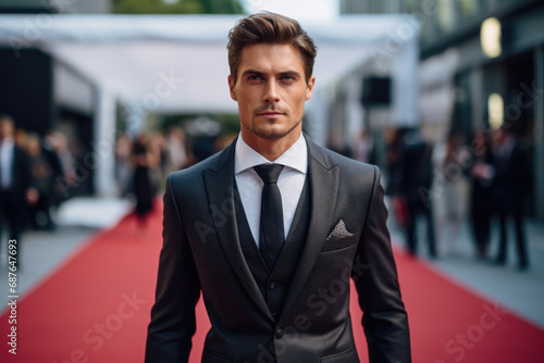 A man in a suit and tie stands on a red carpet