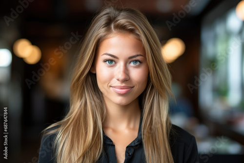 A woman with long blonde hair and green eyes smiles for the camera