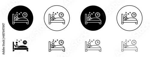Sleep deprivation line icon set. Sleep disorder symbol. Restless woman sign in black and blue color. photo