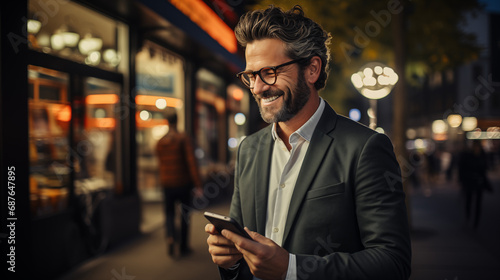 business man investor standing in city street using cell phone looking at smartphone checking financial apps on mobile. Smiling confident mid aged male company ceo executive wearing suit holding phone