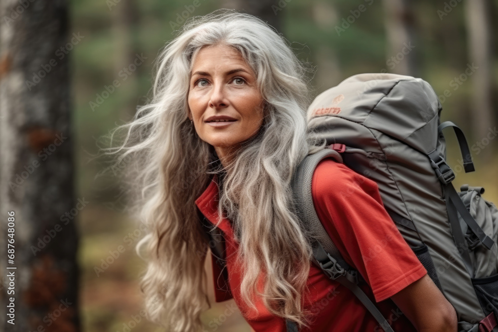 A woman with long gray hair is carrying a large gray backpack A woman with long gray hair is carrying a large gray backpack