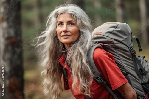 A woman with long gray hair is carrying a large gray backpack