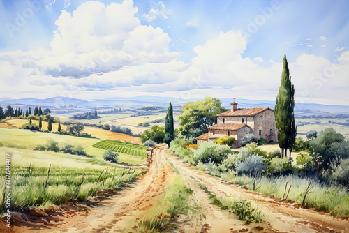Painting watercolor of Tuscany  Italy landscape  Tuscany landscape with fields  meadows  cypress trees and houses on the hills  Italy landmark  Tuscany  Europe  generative ai
