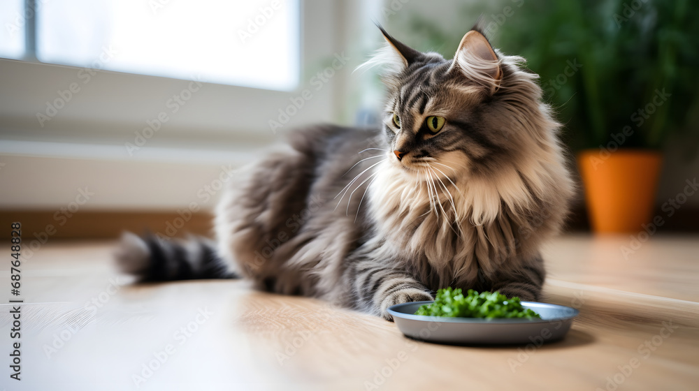 Maine Coon Cat with Green Eyes Enjoying Meal at Home