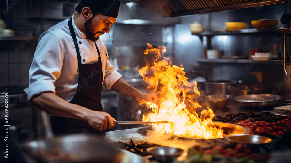 Chef preparing food in the kitchen of a restaurant or hotel. Chef preparing food in the kitchen of a restaurant or hotel.