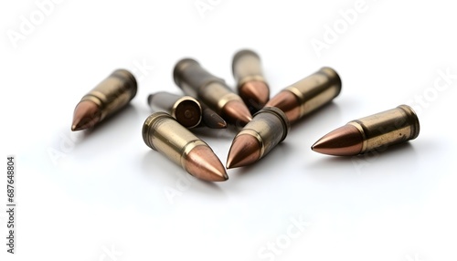 Brass bullets isolated on white background. Bullets for war or military concept. 