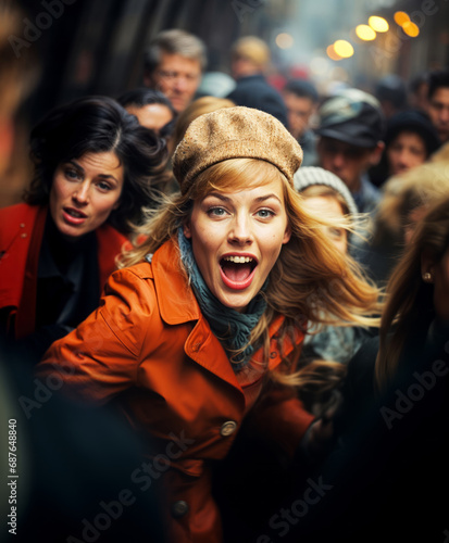 Happy young woman pushing through a crowd
