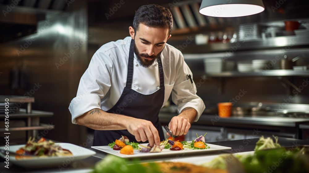 Chef preparing food in the kitchen of a restaurant or hotel. Chef preparing food in the kitchen of a restaurant or hotel.