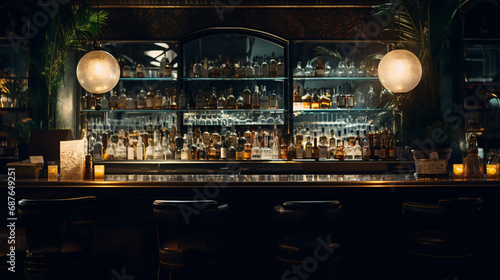 Interior of a bar with a lot of bottles on the bar counter