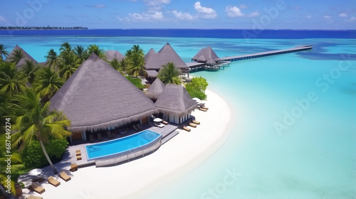 Tropical airscape, seascape with long jetty, water villas with stunning sea and lagoon beach, tropical nature. Exotic tourism banner, summer vacation