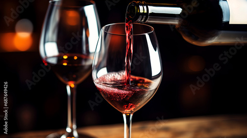 Pouring red wine into glass from bottle against blurred beige background, closeup.