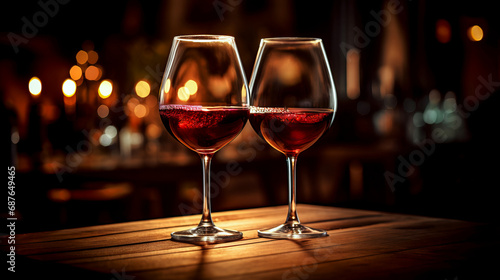 Two glasses of red wine on the bar counter.
