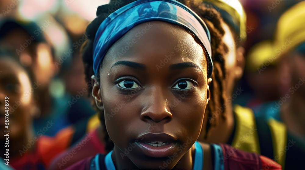 A female running athlete poised at the competition start line A female running athlete poised at the competition start line