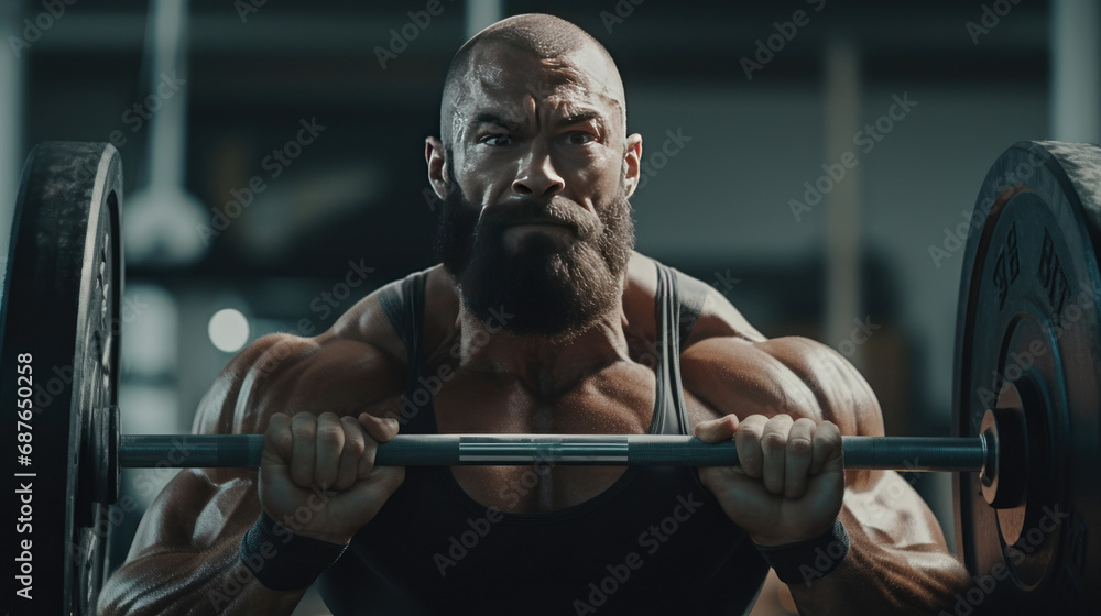 Fototapeta premium A man is lifting a barbell at the fitness center