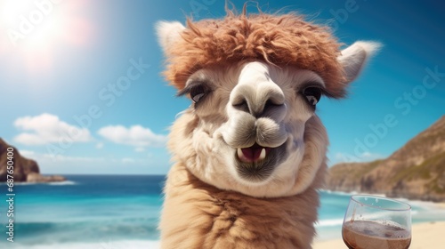 portrait alpaca with cocktail at the beach,summer vacation