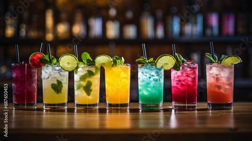 Set of colorful cocktails on the bar counter. Cocktails decorated with lime and mint. © Argun Stock Photos