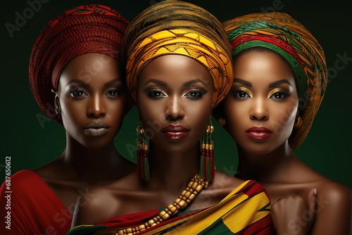 Three young african women in headdresses or turbans with colors of african flag on a green background, for woman\'s day or black history month, juneteenth, keti koti or remembrance abolition.