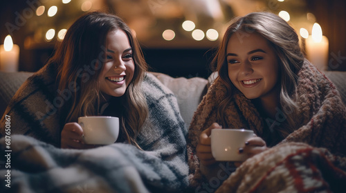 Two young women wrapped in a warm blanket, enjoying hot drinks in a cozy atmosphere