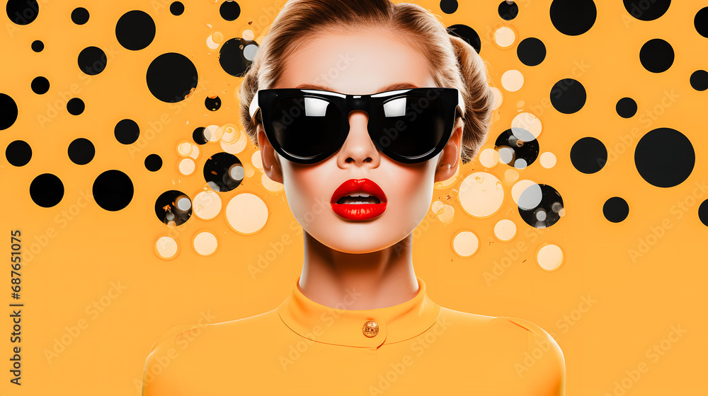 Femme blonde avec des lunettes de soleil sur fond jaune avec des ronds - obrazy, fototapety, plakaty 