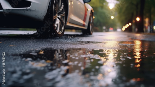 Close-up of a car tire driving through a puddle of water