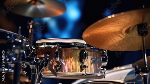 A modern drum set on stage for a concert