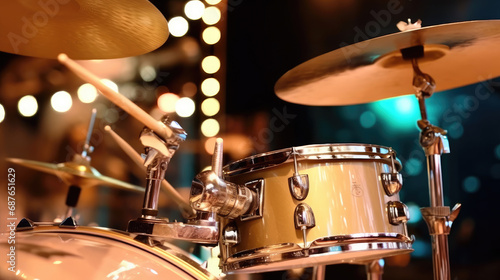 A modern drum set on stage for a concert