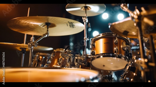 A modern drum set on stage for a concert