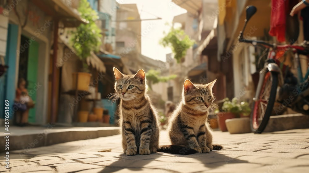 Cats were running around playfully on the street Cats were running around playfully on the street