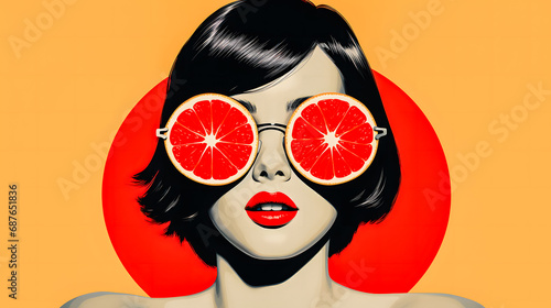 Portrait d'une femme brune avec des rondelles d'orange sur les yeux