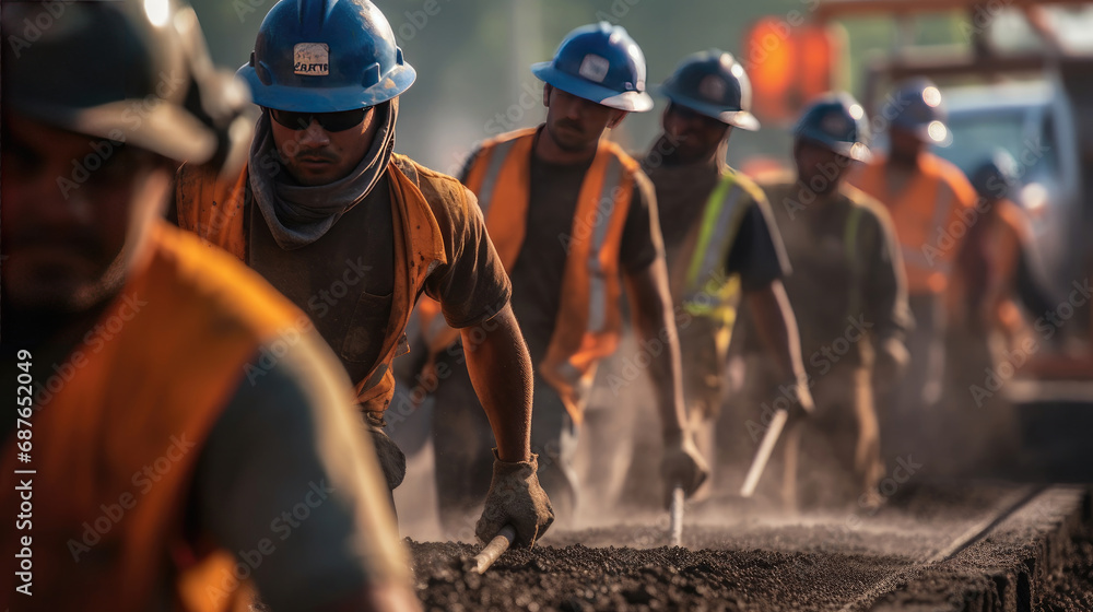 A brigade of workers is working on a road-building project A brigade of workers is working on a road-building project