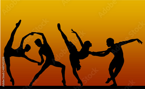 silueta, gente, baile, vector, atardecer, mujer, brincar, danza
