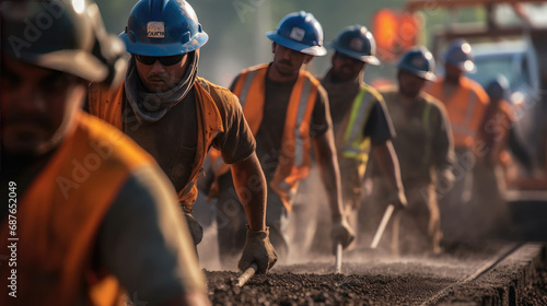 A brigade of workers is working on a road-building project