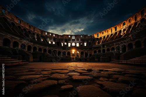 The eerie stillness of an empty Colosseum in Rome, illuminated by soft, dramatic lighting