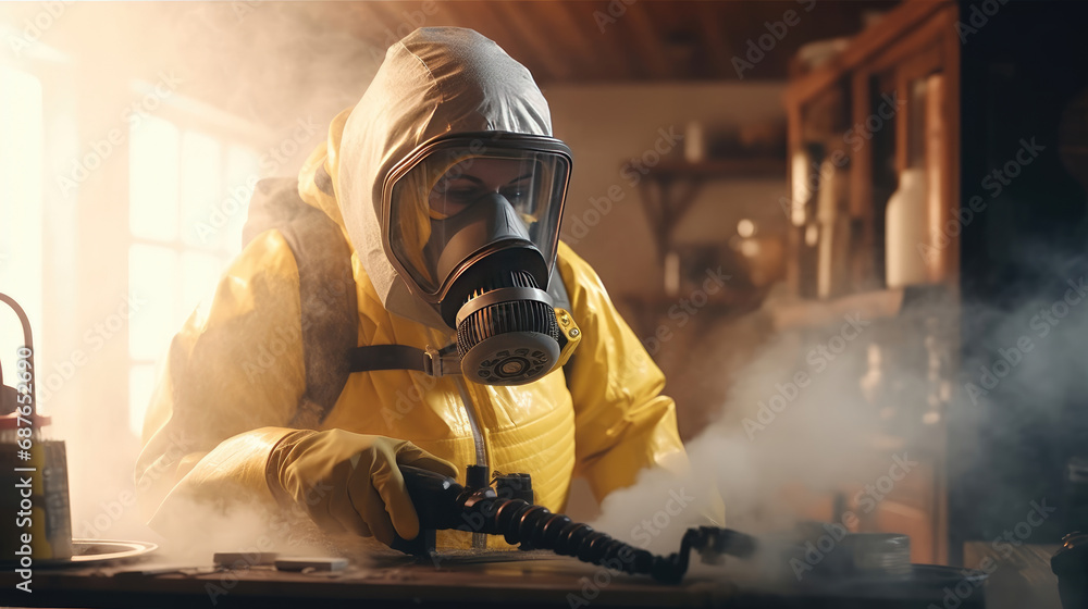 A guy from the pest control service takes center stage, donned in a white protective suit and mask A guy from the pest control service takes center stage, donned in a white protective suit and mask