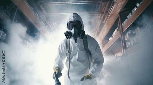 A guy from the pest control service takes center stage, donned in a white protective suit and mask photo