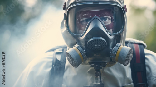 A guy from the pest control service takes center stage, donned in a white protective suit and mask