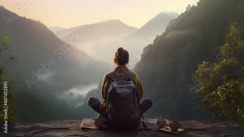 A nomadic woman is working in the middle of a beautiful mountain forest