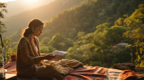 A nomadic woman is working in the middle of a beautiful mountain forest
