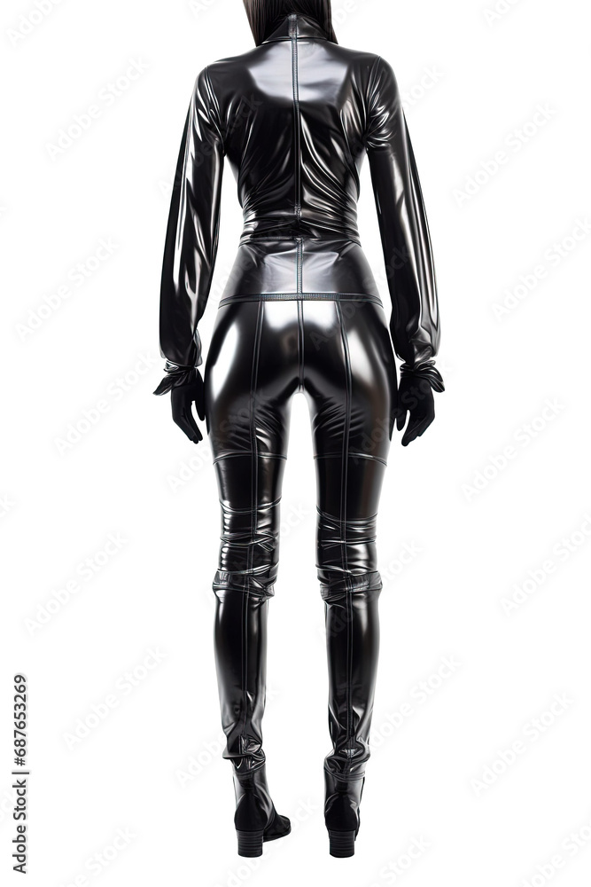 Woman in black leather pants back view isolated on white background