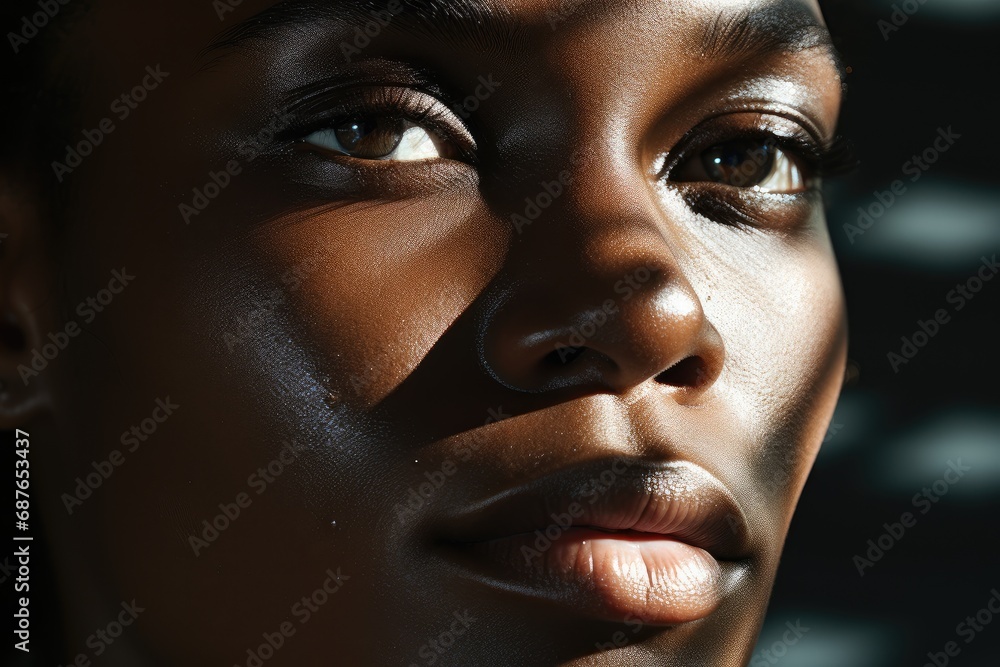 The face of a dark-skinned African-American woman in the rays of the sun close-up. Banner