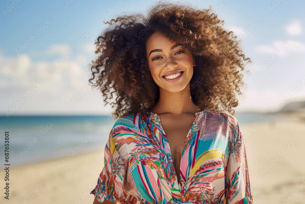 Joyful woman with fluffy curly hair and colorful beachwear smiles on a sandy beach with blue sea behind.