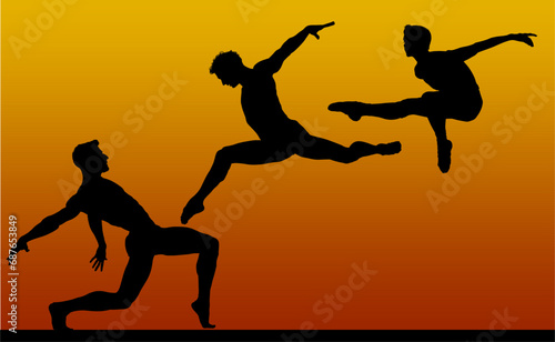 silueta, gente, baile, vector, atardecer, mujer, brincar, danza